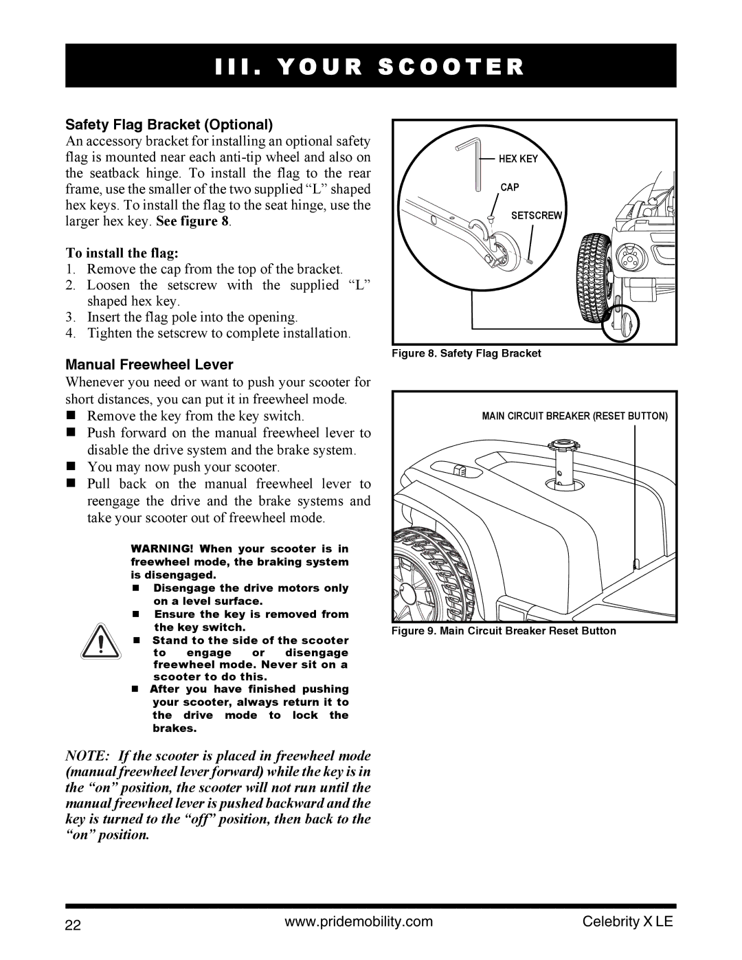 Pride Mobility INFMANU4440 manual Safety Flag Bracket Optional, To install the flag, Manual Freewheel Lever 