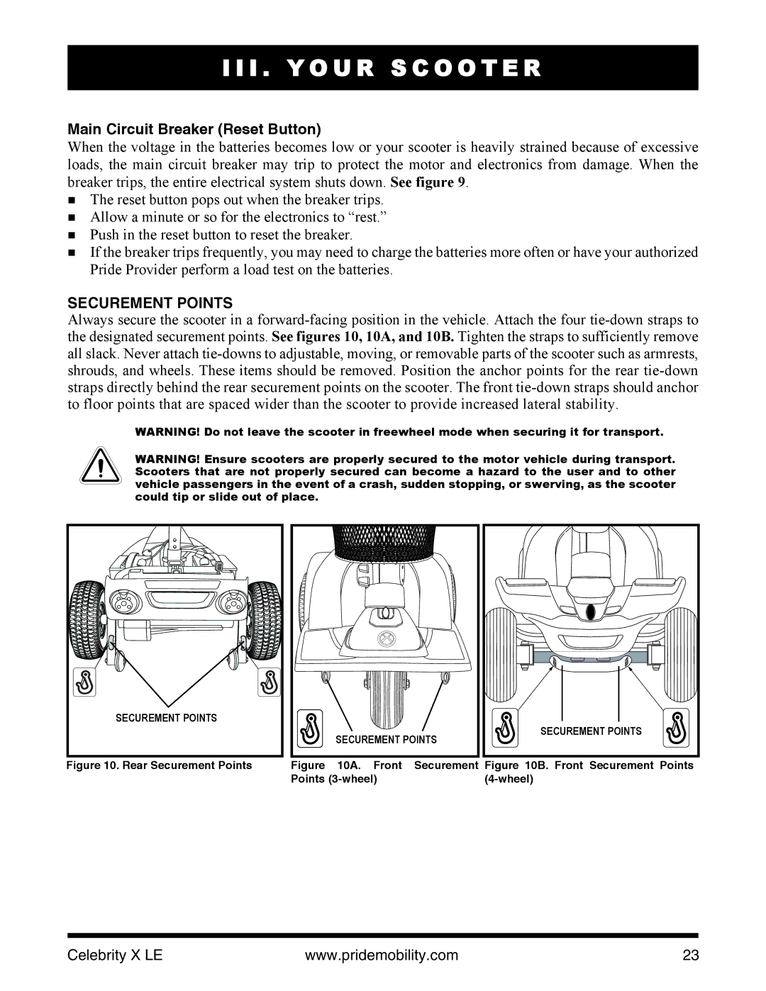 Pride Mobility INFMANU4440 manual Main Circuit Breaker Reset Button, Securement Points 