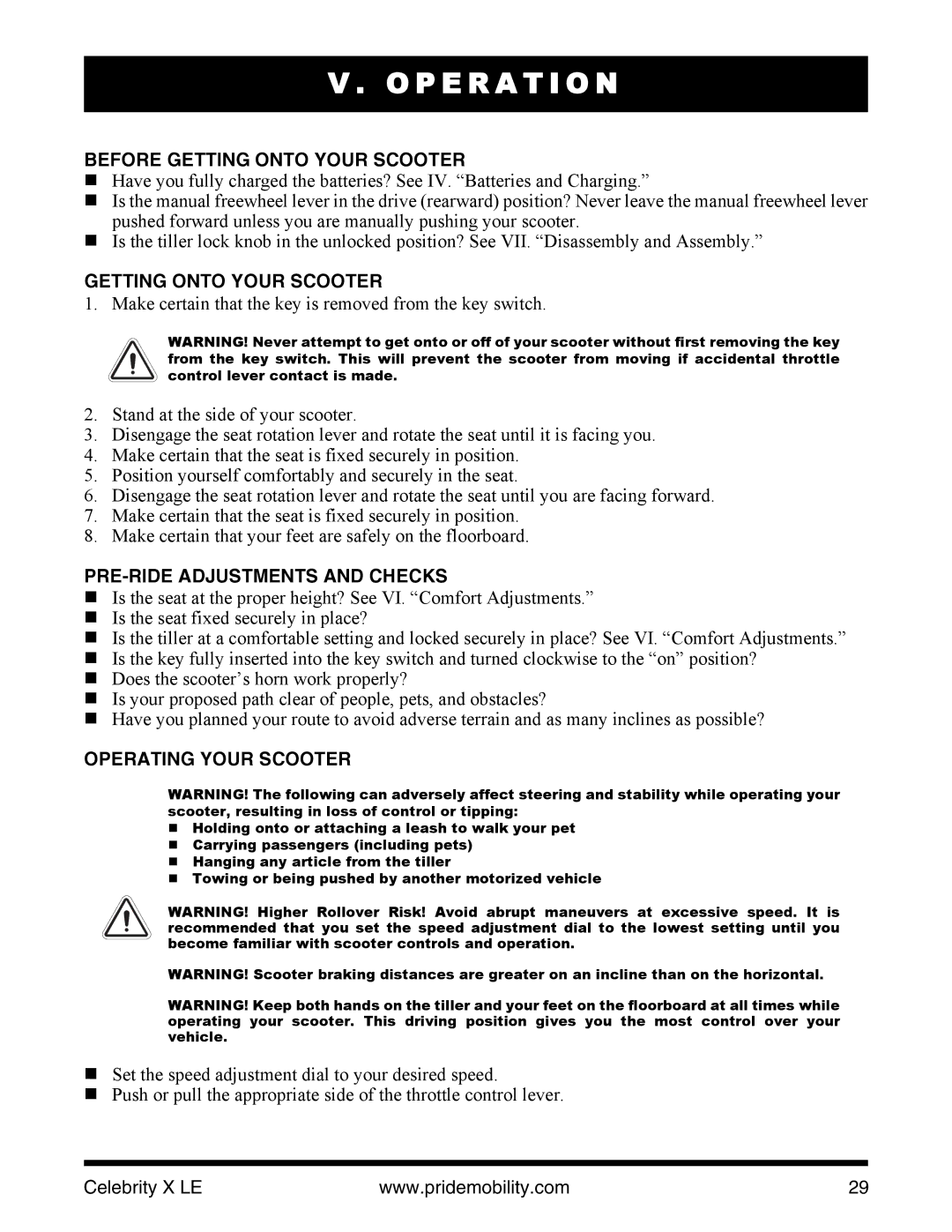 Pride Mobility INFMANU4440 manual P E R a T I O N, Before Getting Onto Your Scooter, PRE-RIDE Adjustments and Checks 