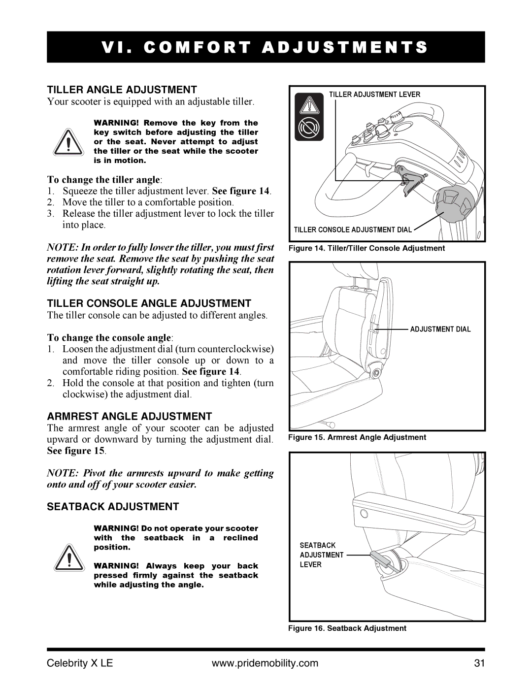 Pride Mobility INFMANU4440 manual C O M F O R T a D J U S T M E N T S, Tiller Angle Adjustment, Armrest Angle Adjustment 