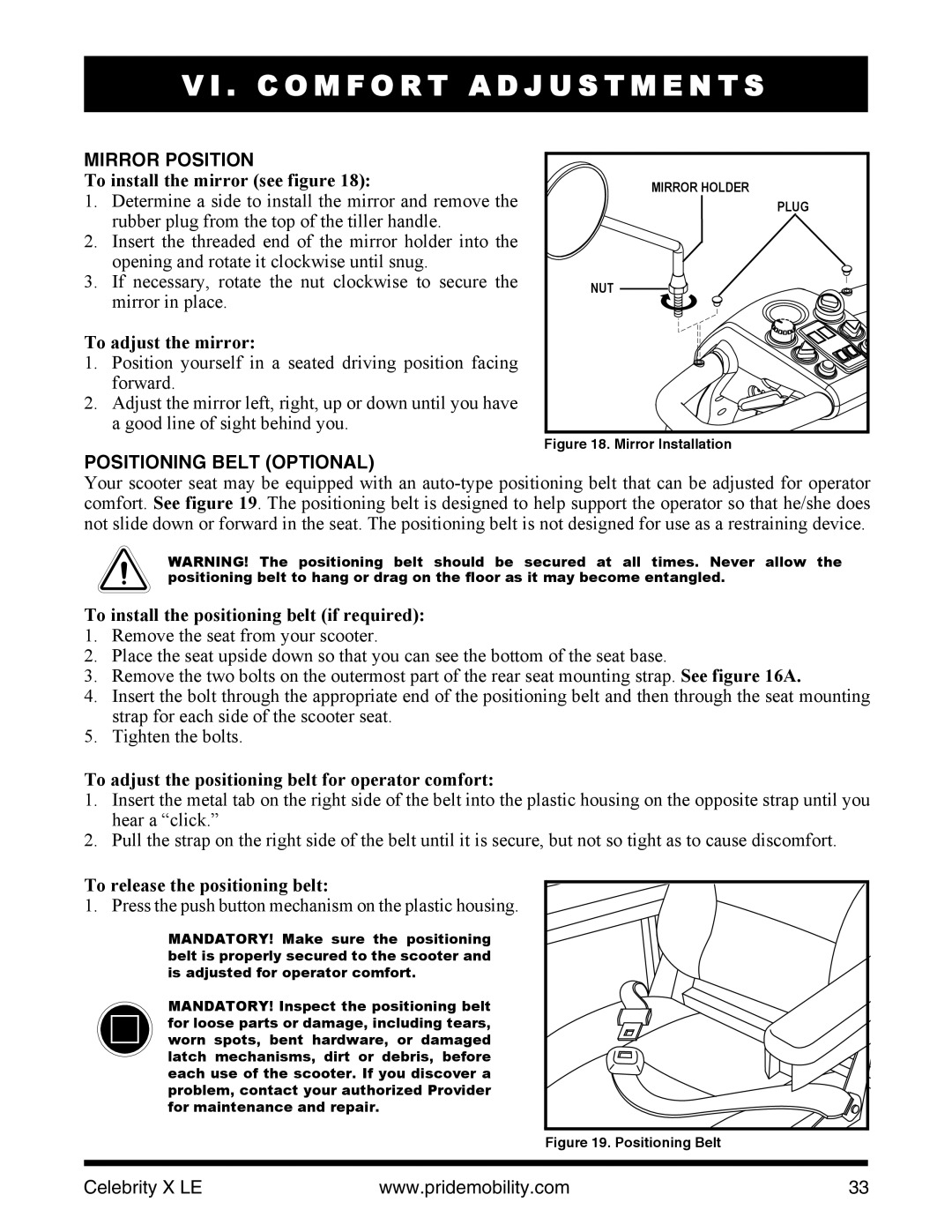 Pride Mobility INFMANU4440 manual Mirror Position, Positioning Belt Optional 