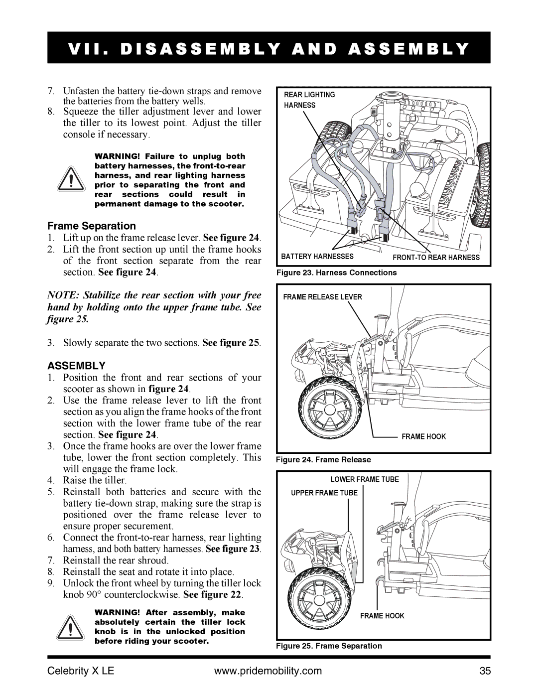 Pride Mobility INFMANU4440 manual Frame Separation, Section. See figure, Assembly 