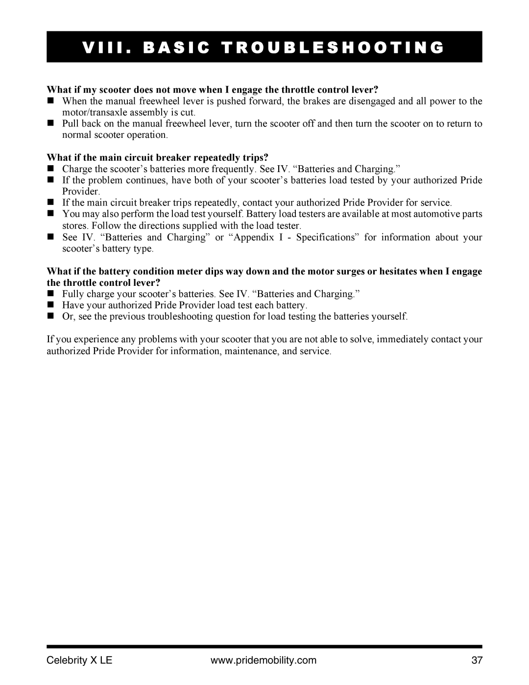 Pride Mobility INFMANU4440 manual What if the main circuit breaker repeatedly trips? 