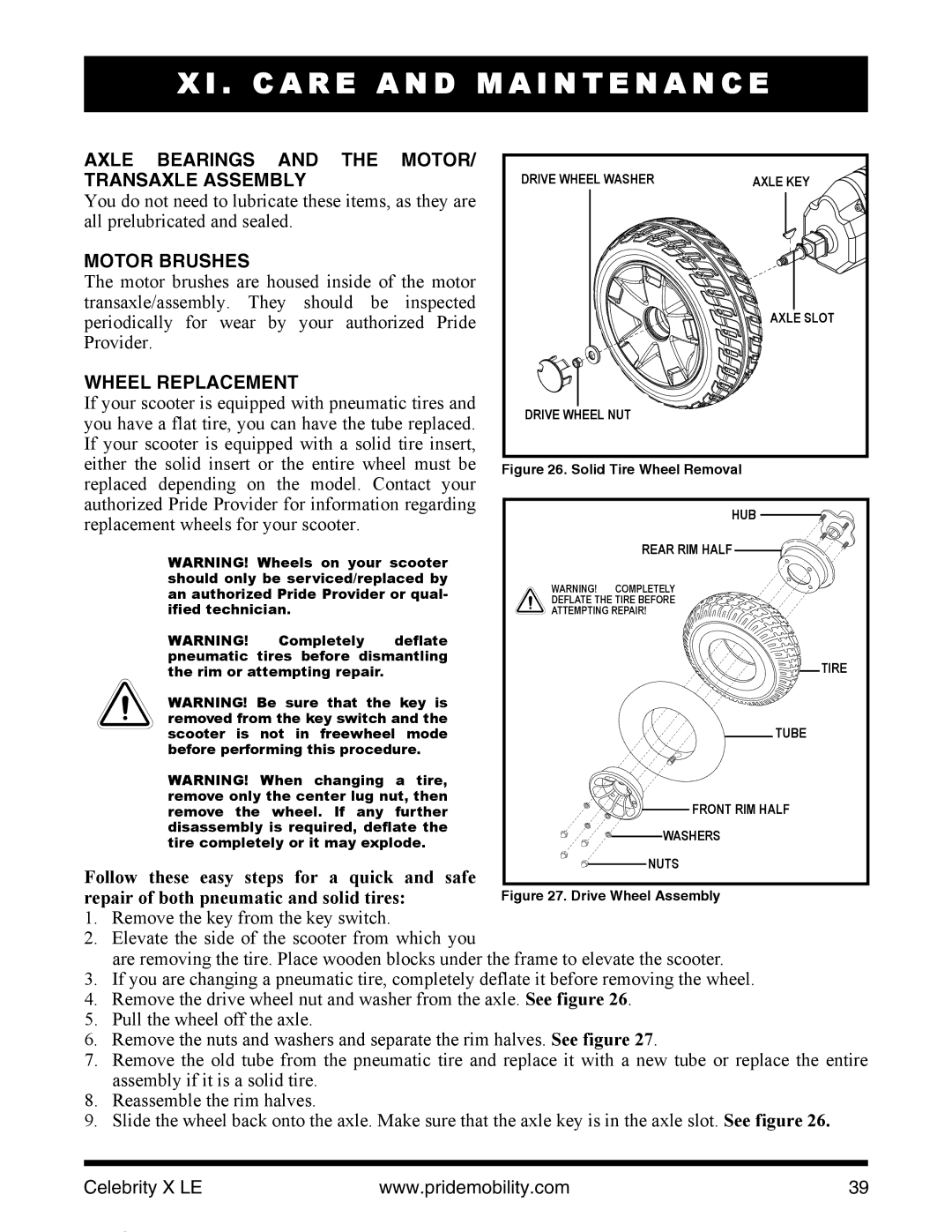 Pride Mobility INFMANU4440 manual Axle Bearings and the Motor, Transaxle Assembly, Motor Brushes, Wheel Replacement 