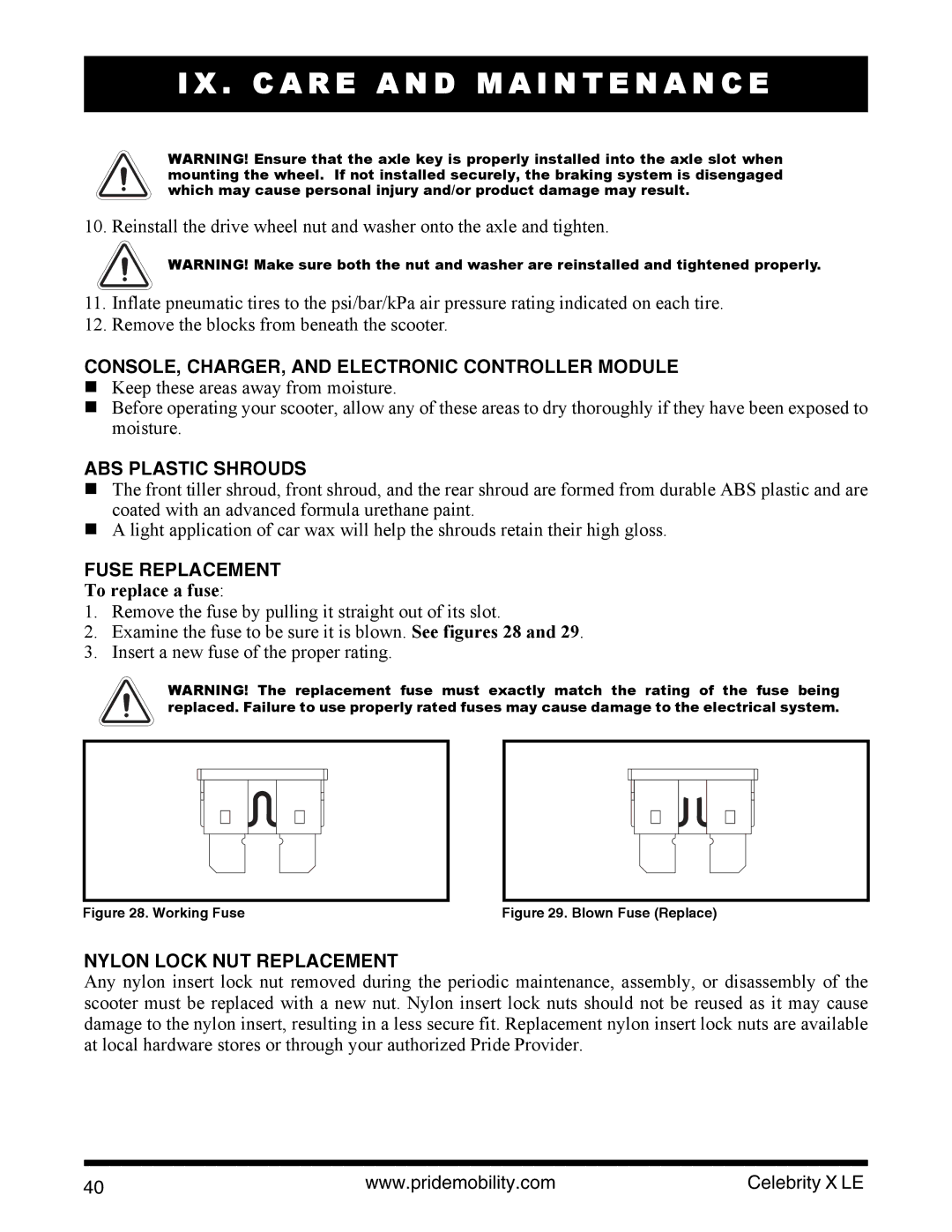 Pride Mobility INFMANU4440 manual ABS Plastic Shrouds, Fuse Replacement, To replace a fuse, Nylon Lock NUT Replacement 