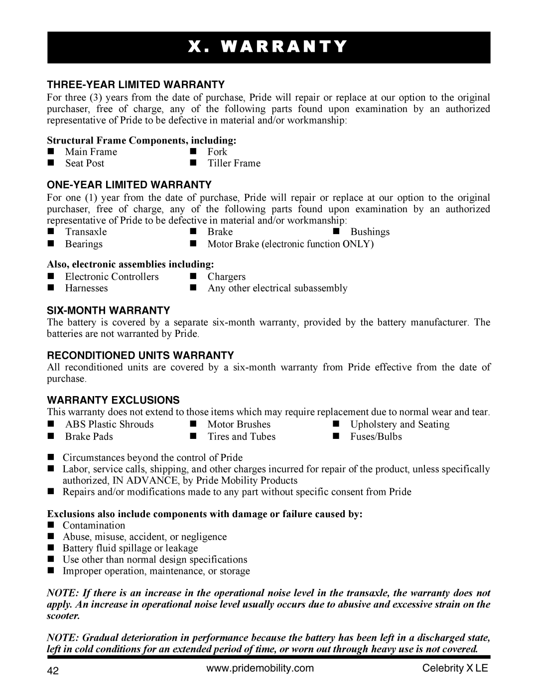 Pride Mobility INFMANU4440 manual A R R a N T Y 