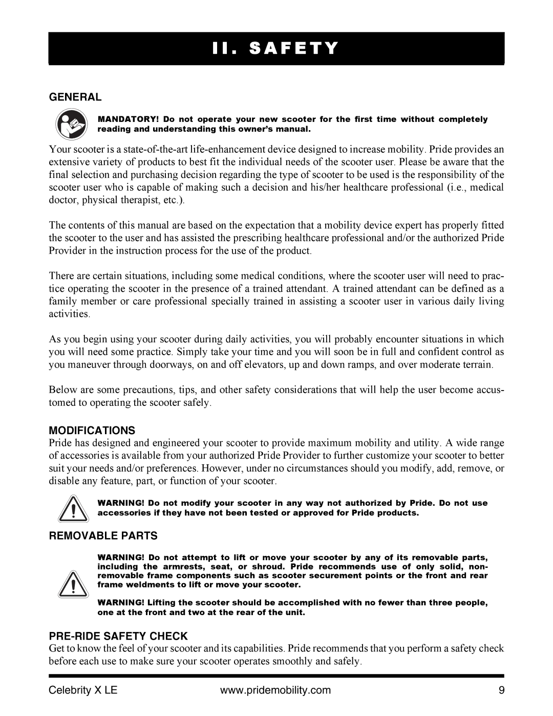 Pride Mobility INFMANU4440 manual General, Modifications, Removable Parts PRE-RIDE Safety Check 