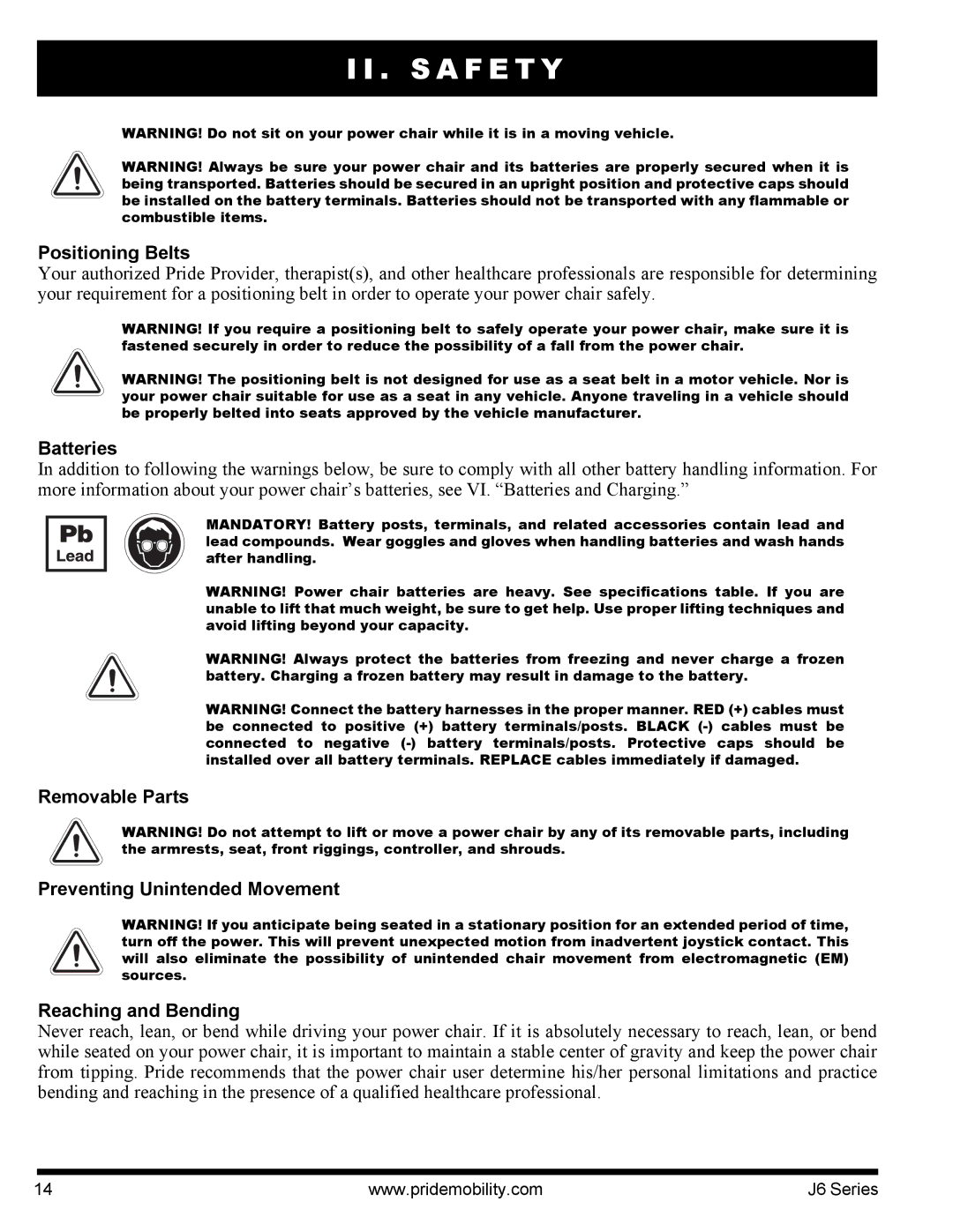 Pride Mobility J6 2SP manual Positioning Belts, Batteries 