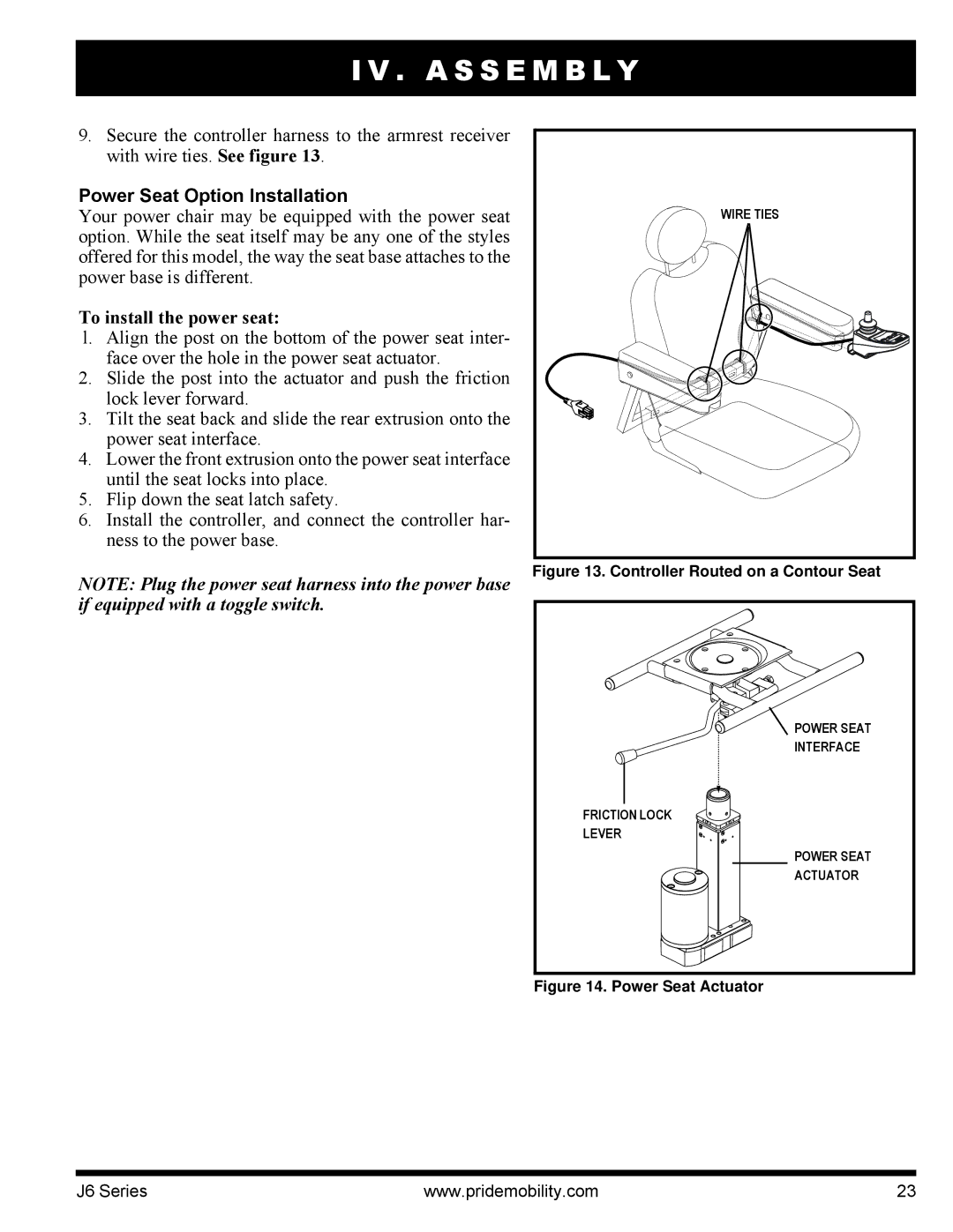 Pride Mobility J6 2SP manual Power Seat Option Installation, To install the power seat 