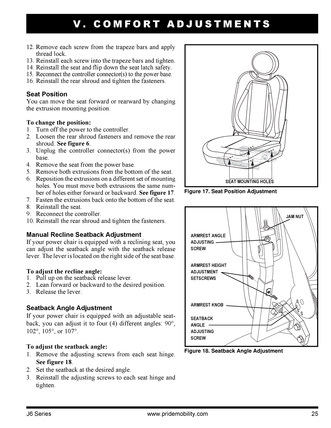 Pride Mobility J6 2SP manual Seat Position, Manual Recline Seatback Adjustment, Seatback Angle Adjustment 