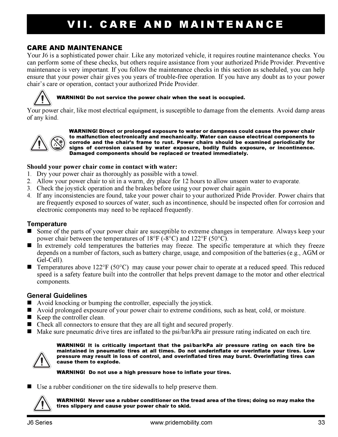 Pride Mobility J6 2SP manual I . C a R E a N D M a I N T E N a N C E, Care and Maintenance, Temperature, General Guidelines 