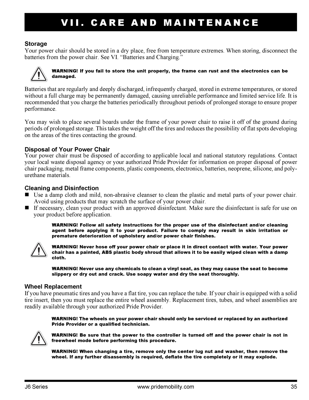 Pride Mobility J6 2SP manual Storage, Disposal of Your Power Chair, Cleaning and Disinfection, Wheel Replacement 