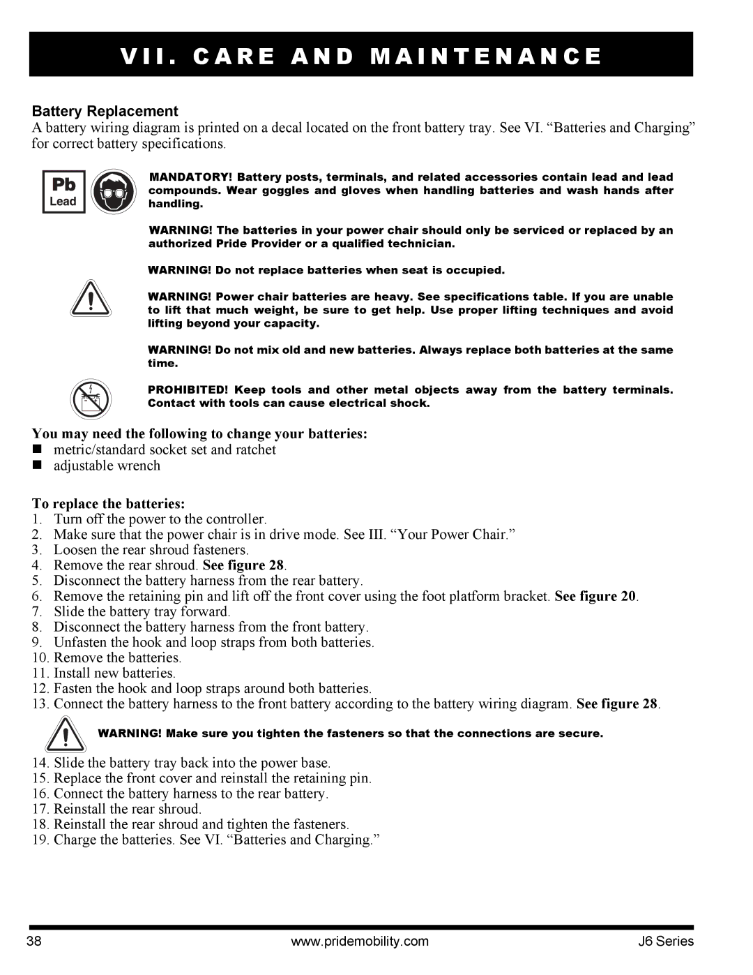 Pride Mobility J6 2SP manual Battery Replacement, To replace the batteries 