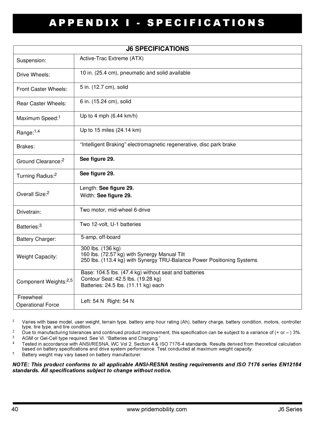 Pride Mobility J6 2SP manual P E N D I X I Specification S, J6 Specifications 