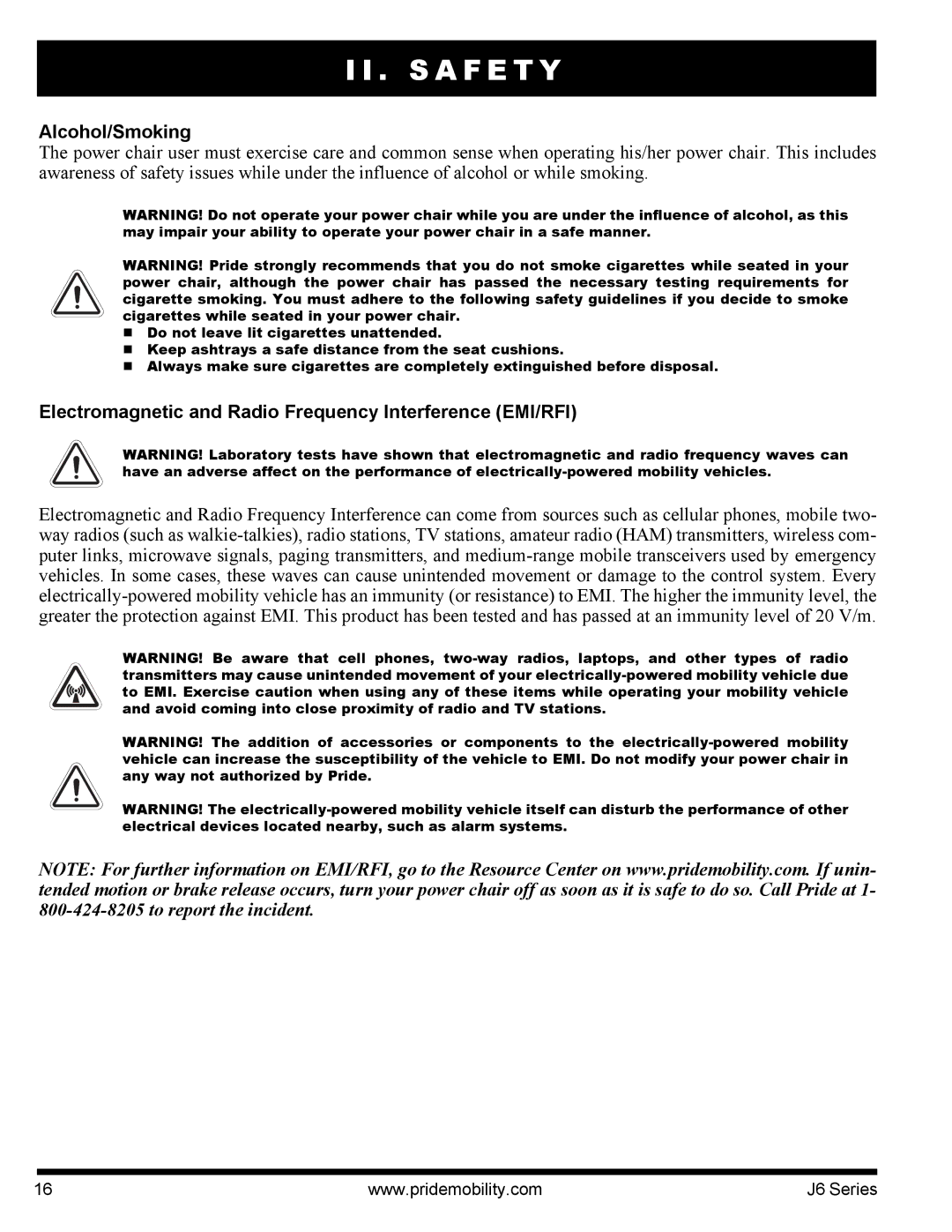 Pride Mobility J6 2SP manual Alcohol/Smoking, Electromagnetic and Radio Frequency Interference EMI/RFI 