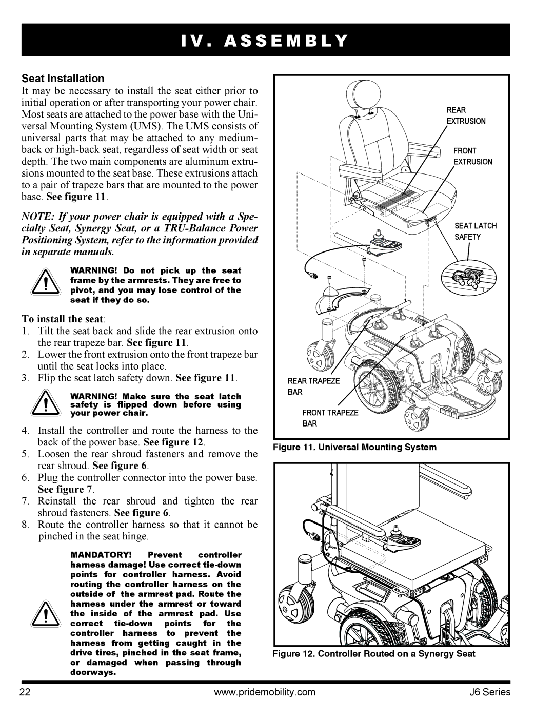 Pride Mobility J6 2SP manual Seat Installation, To install the seat 