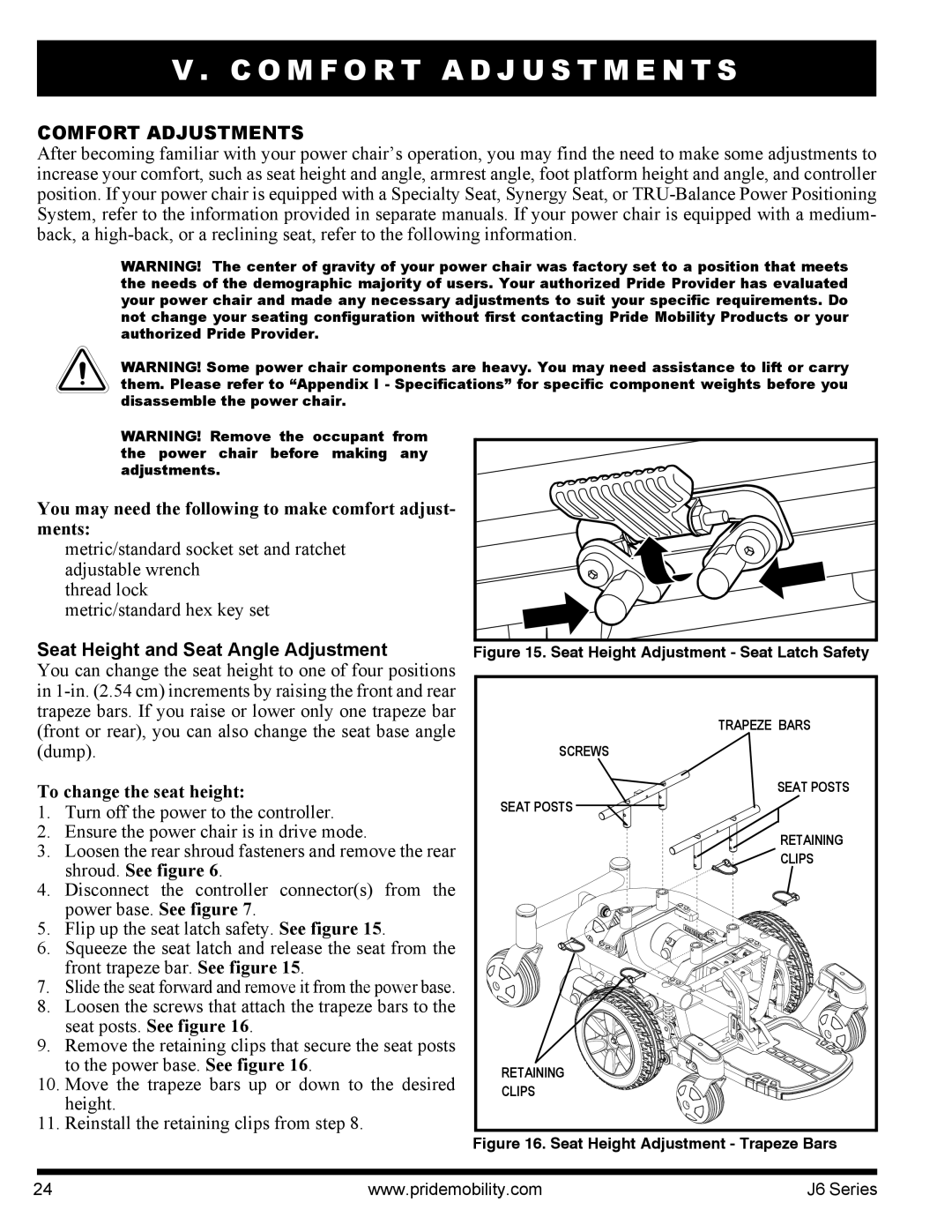 Pride Mobility J6 2SP O M F O R T a D J U S T M E N T S, Comfort Adjustments, Seat Height and Seat Angle Adjustment 