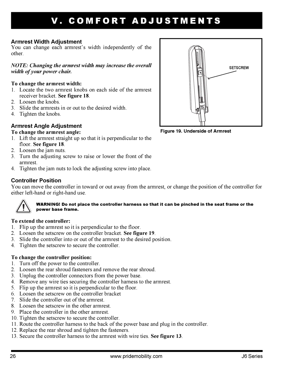 Pride Mobility J6 2SP manual Armrest Width Adjustment, Armrest Angle Adjustment, Controller Position 