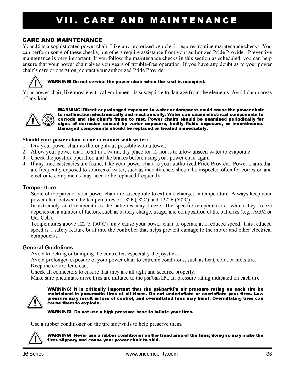 Pride Mobility J6 2SP manual I . C a R E a N D M a I N T E N a N C E, Care and Maintenance, Temperature, General Guidelines 