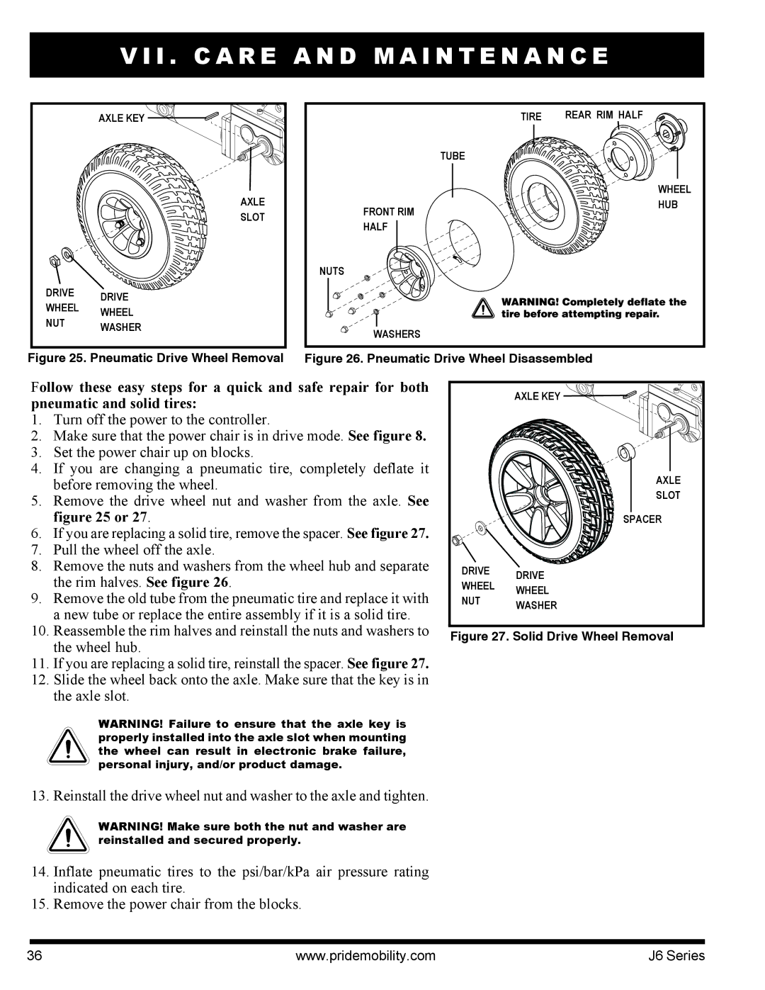 Pride Mobility J6 2SP manual Solid Drive Wheel Removal 