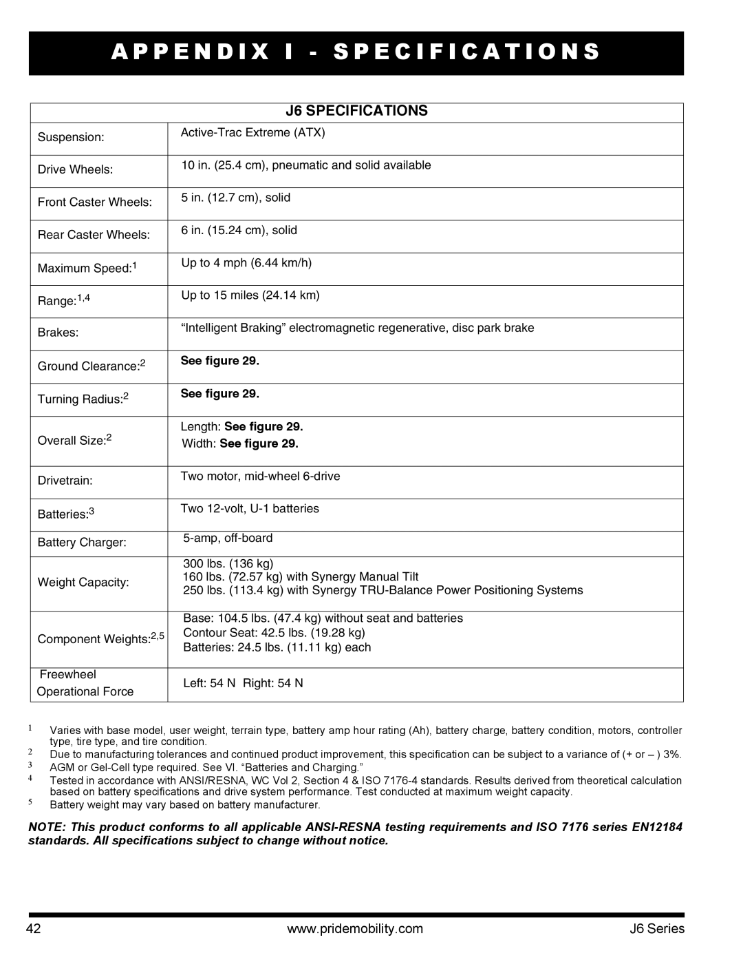 Pride Mobility J6 2SP manual P E N D I X I Specification S, J6 Specifications 