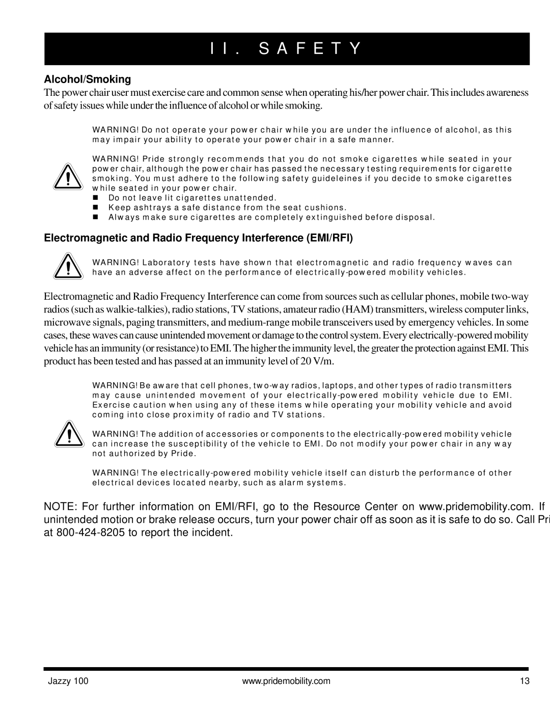Pride Mobility Jazzy 100 manual Alcohol/Smoking, Electromagnetic and Radio Frequency Interference EMI/RFI 