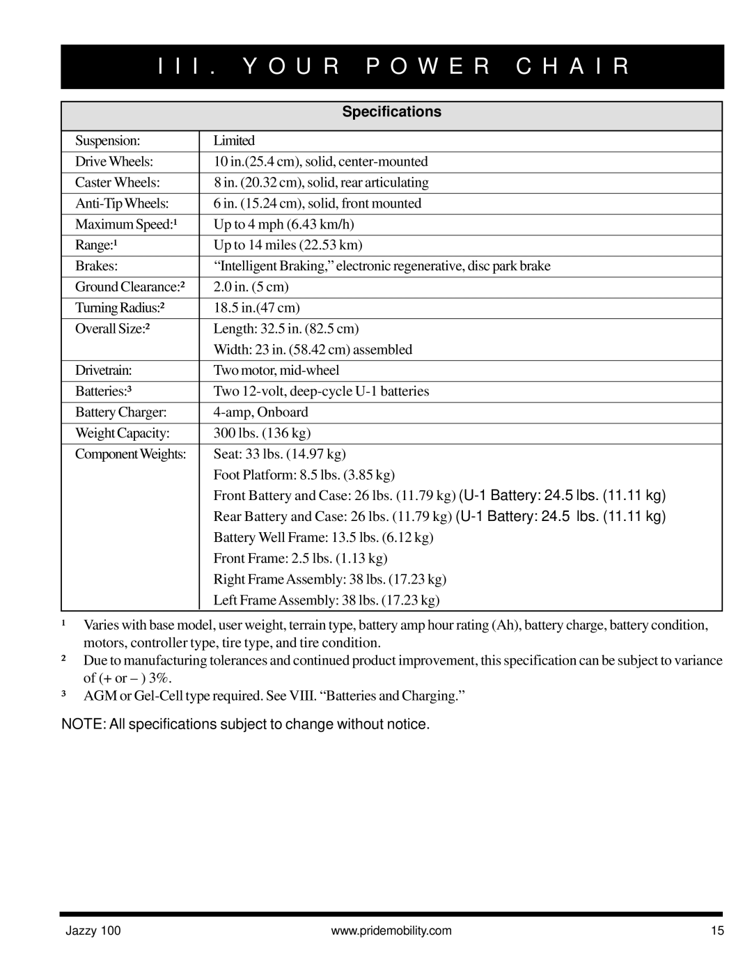 Pride Mobility Jazzy 100 manual Specifications 