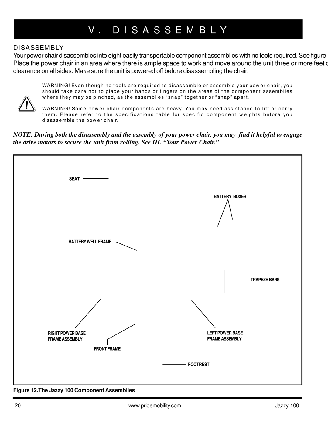 Pride Mobility Jazzy 100 manual I S a S S E M B L Y, Disassembly 