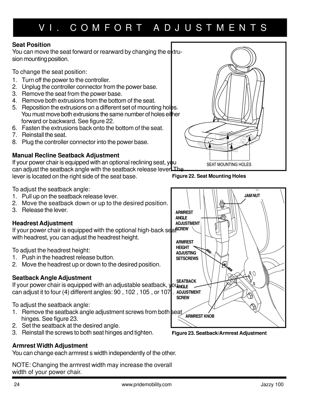 Pride Mobility Jazzy 100 Seat Position, Manual Recline Seatback Adjustment, Headrest Adjustment, Seatback Angle Adjustment 