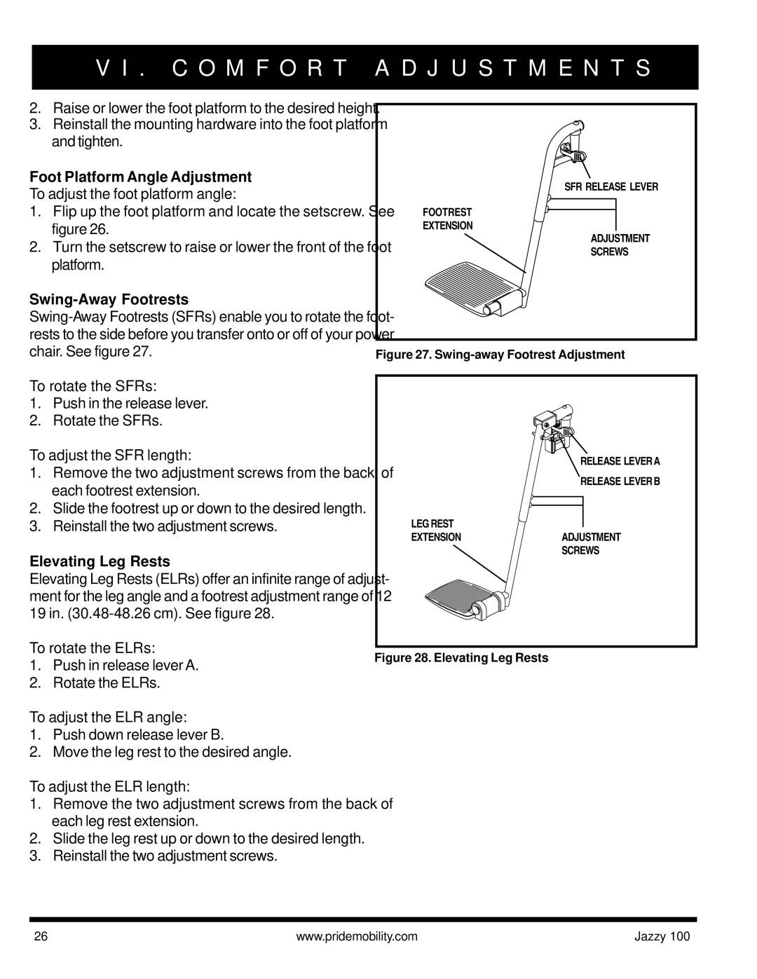 Pride Mobility Jazzy 100 manual Foot Platform Angle Adjustment, Swing-Away Footrests, Elevating Leg Rests 
