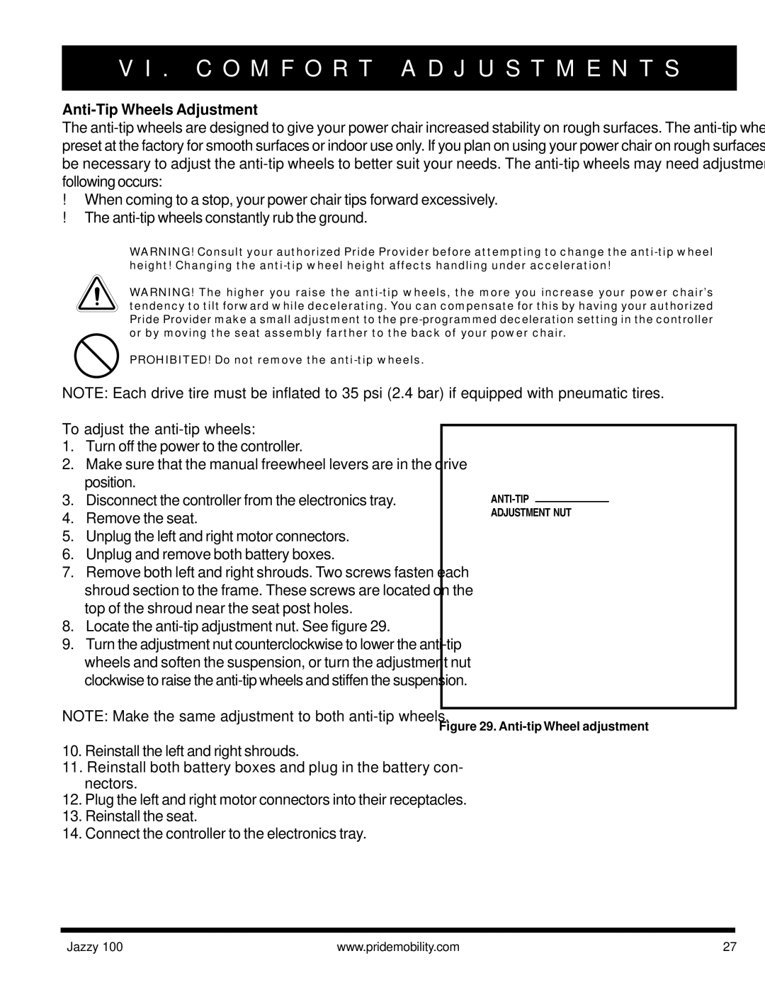 Pride Mobility Jazzy 100 manual Anti-Tip Wheels Adjustment, To adjust the anti-tip wheels 
