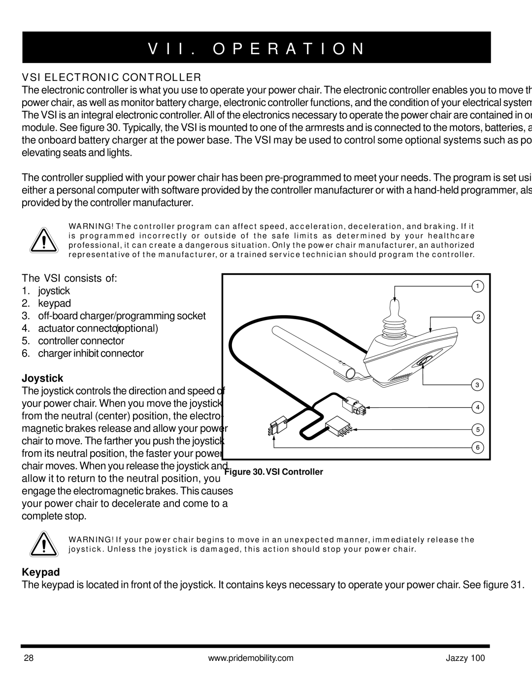 Pride Mobility Jazzy 100 manual I . O P E R a T I O N, VSI Electronic Controller, VSI consists, Joystick, Keypad 