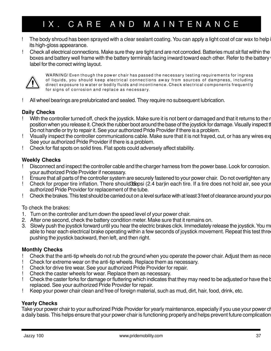 Pride Mobility Jazzy 100 manual Daily Checks, Weekly Checks, To check the brakes, Monthly Checks, Yearly Checks 