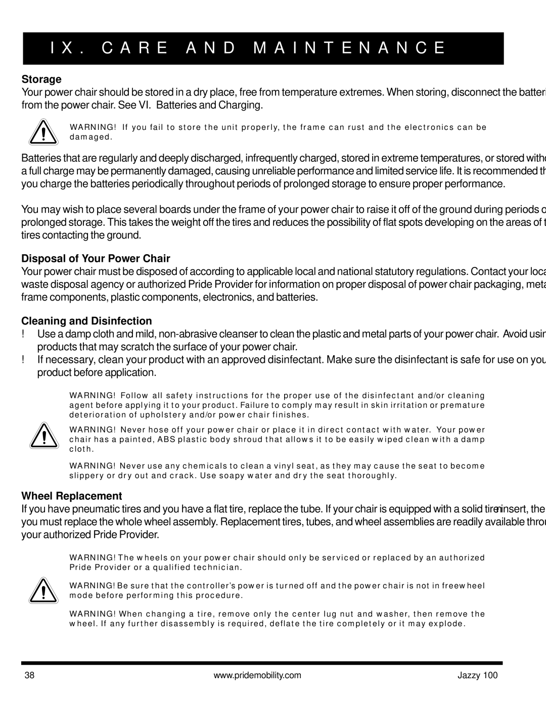 Pride Mobility Jazzy 100 manual Storage, Disposal of Your Power Chair, Cleaning and Disinfection, Wheel Replacement 