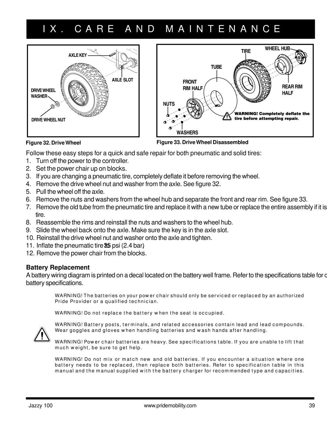 Pride Mobility Jazzy 100 manual I N T E N a N C E, Battery Replacement 