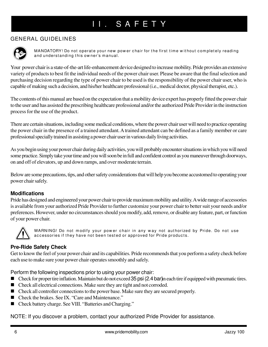 Pride Mobility Jazzy 100 manual S a F E T Y, General Guidelines, Modifications, Pre-Ride Safety Check 