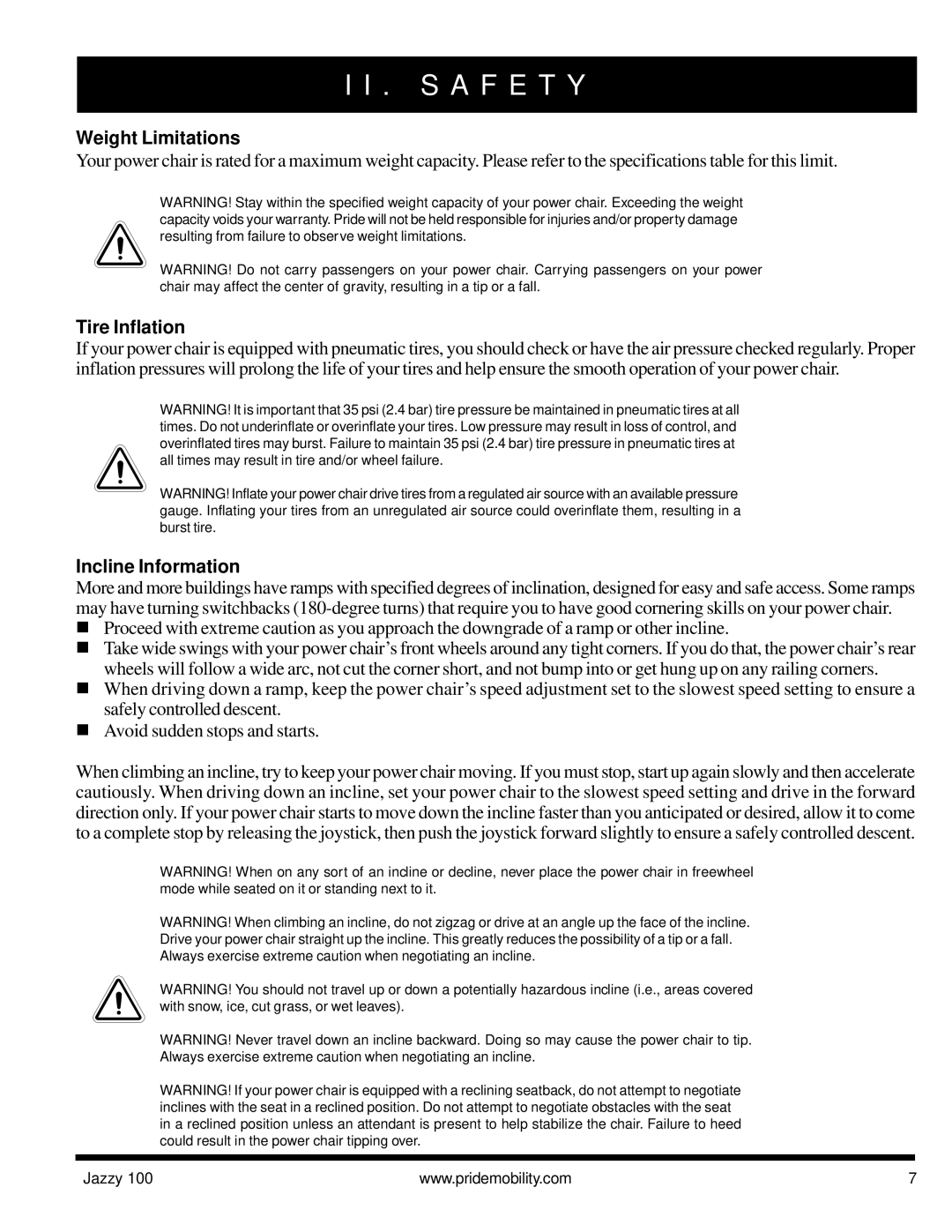 Pride Mobility Jazzy 100 manual Weight Limitations, Tire Inflation, Incline Information 