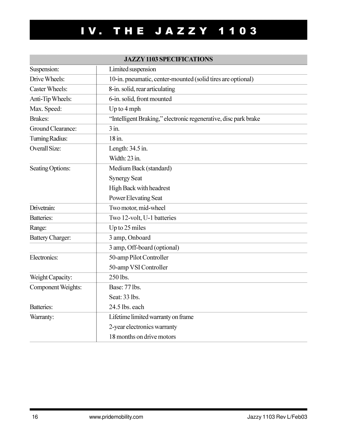 Pride Mobility owner manual Jazzy 1103 Specifications 