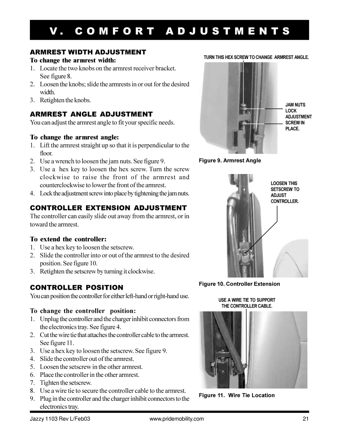 Pride Mobility Jazzy 1103 owner manual Armrest Width Adjustment, To change the armrest width 