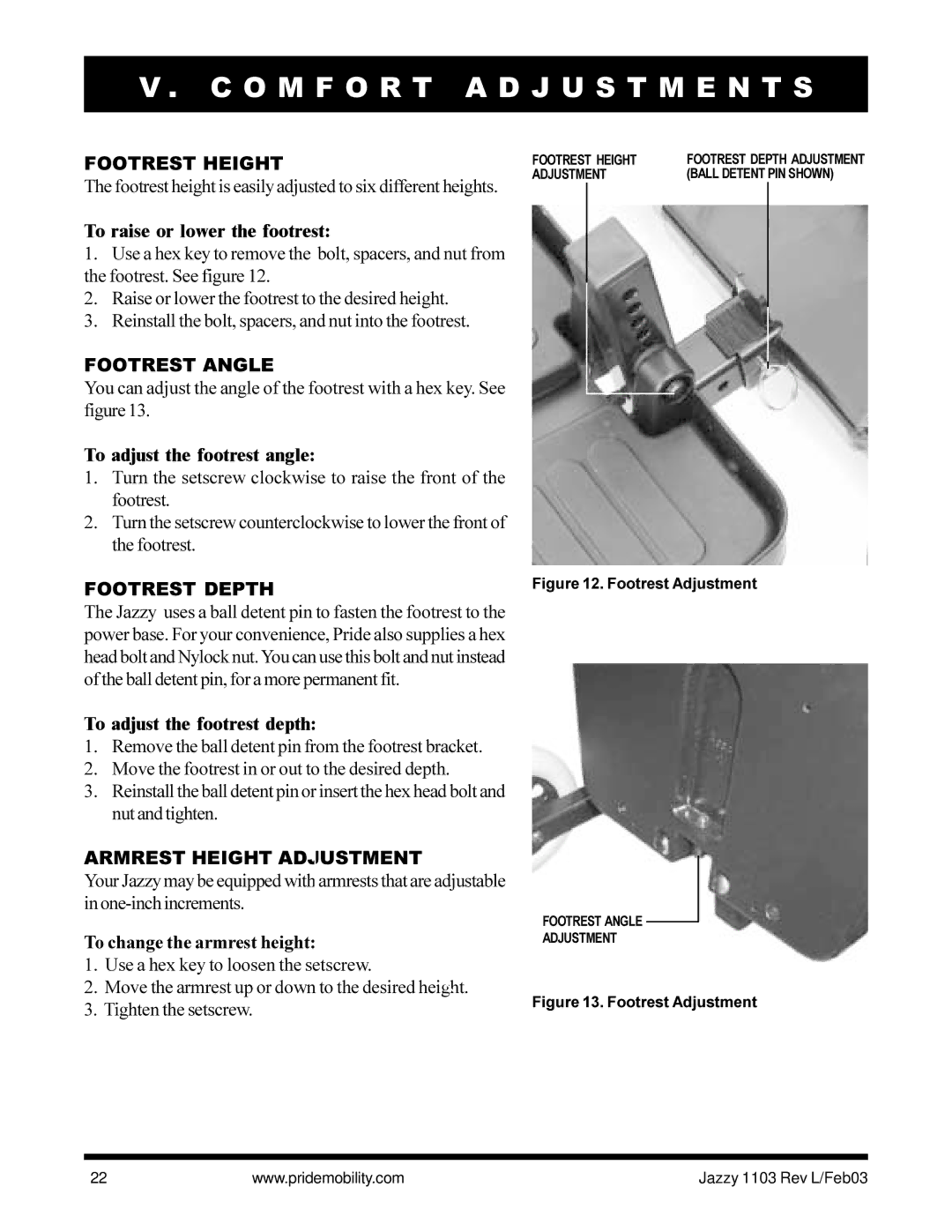 Pride Mobility Jazzy 1103 owner manual Footrest Height, Footrest Angle, Footrest Depth, Armrest Height Adjustment 