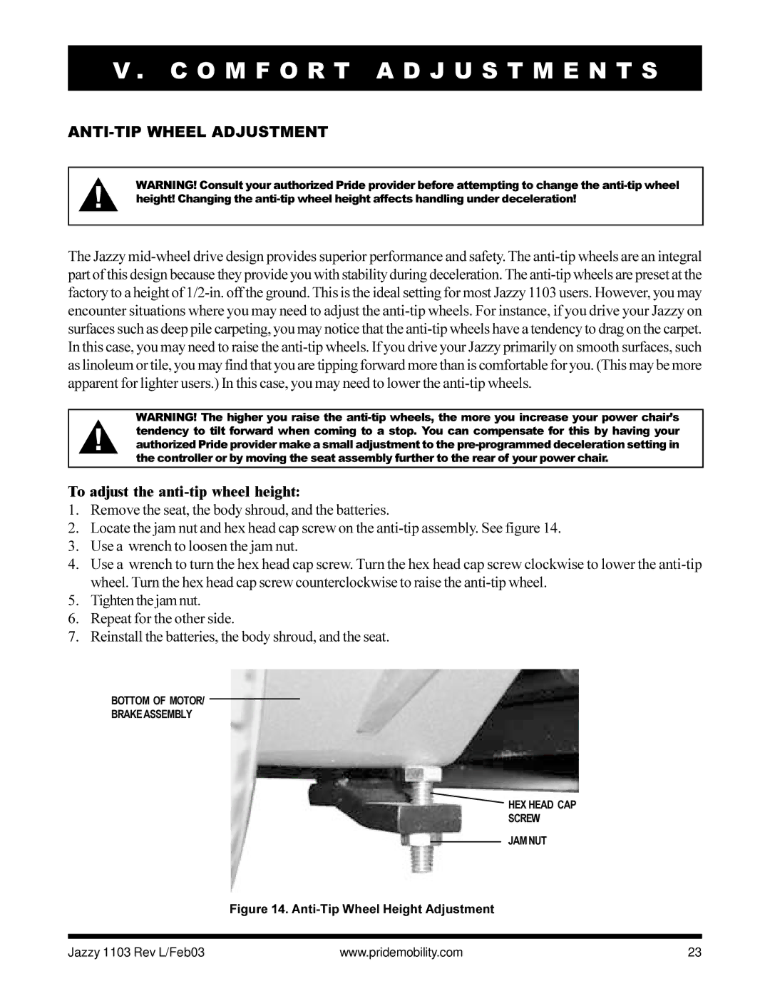 Pride Mobility Jazzy 1103 owner manual ANTI-TIP Wheel Adjustment, To adjust the anti-tip wheel height 