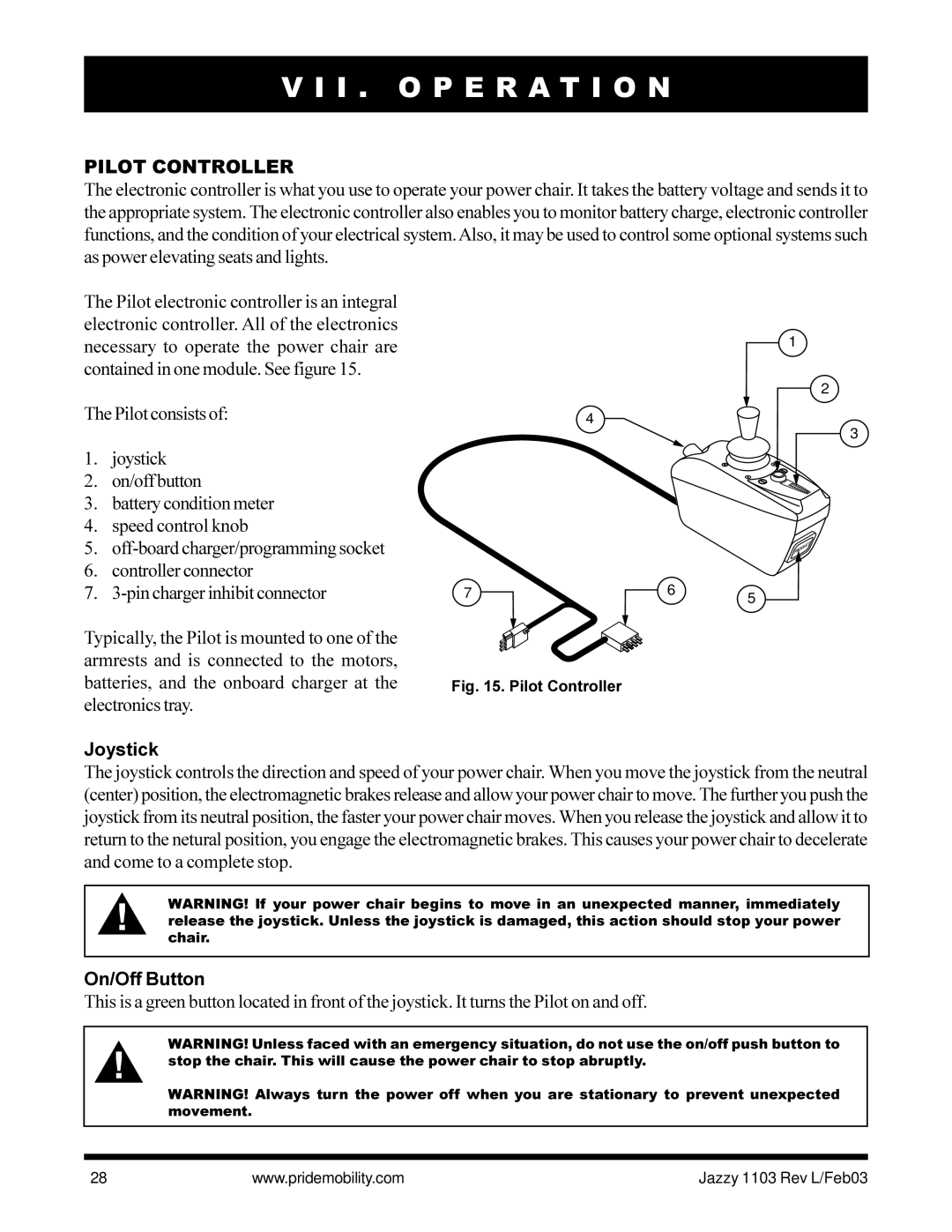 Pride Mobility Jazzy 1103 owner manual I . O P E R a T I O N, Pilot Controller, Joystick, On/Off Button 