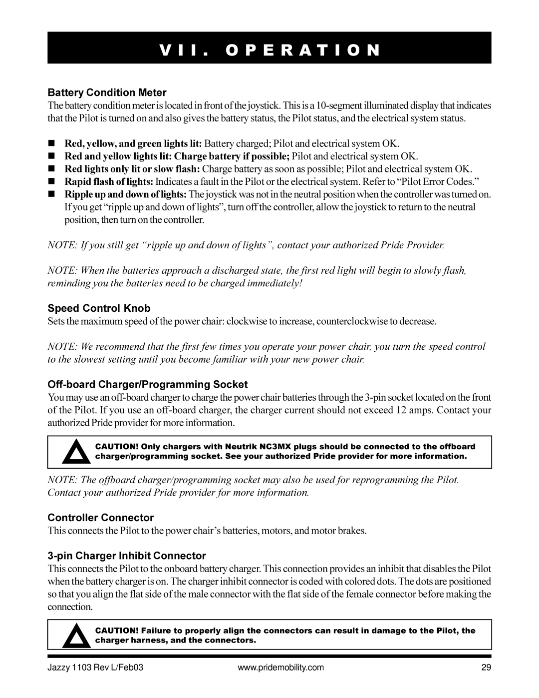 Pride Mobility Jazzy 1103 owner manual Battery Condition Meter, Speed Control Knob, Off-board Charger/Programming Socket 