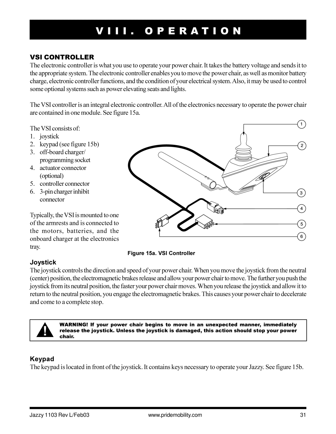 Pride Mobility Jazzy 1103 owner manual I I . O P E R a T I O N, VSI Controller, Keypad 