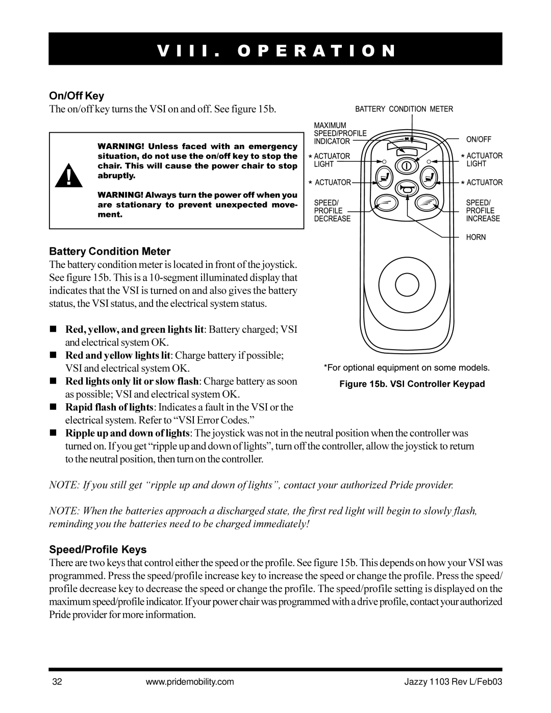 Pride Mobility Jazzy 1103 owner manual On/Off Key, Speed/Profile Keys 