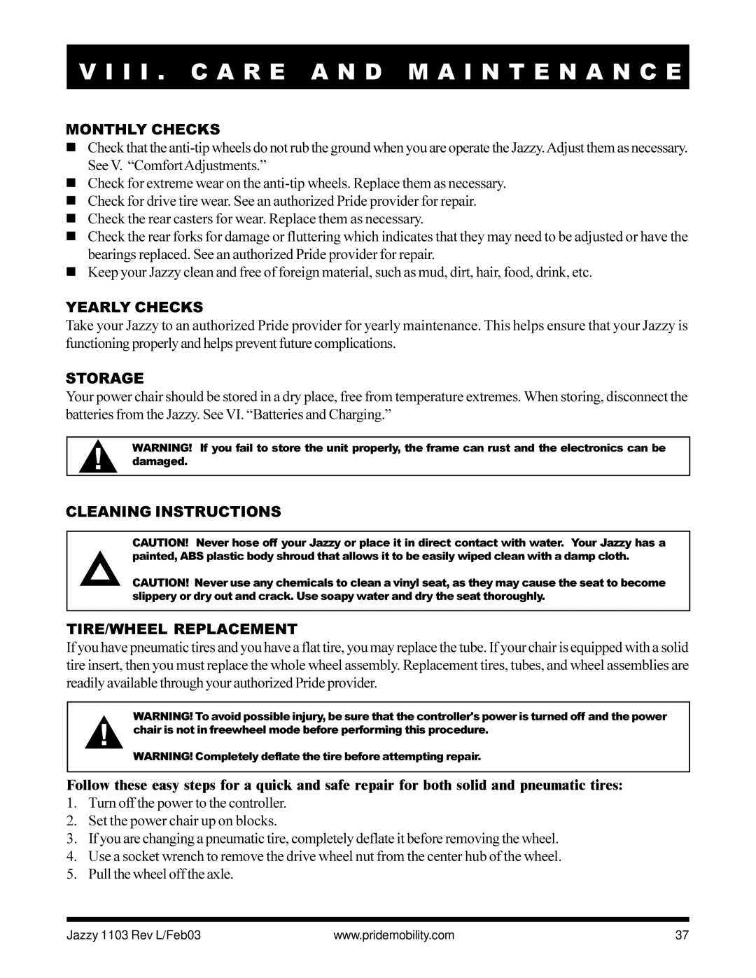 Pride Mobility Jazzy 1103 owner manual Monthly Checks, Yearly Checks, Storage, Cleaning Instructions TIRE/WHEEL Replacement 