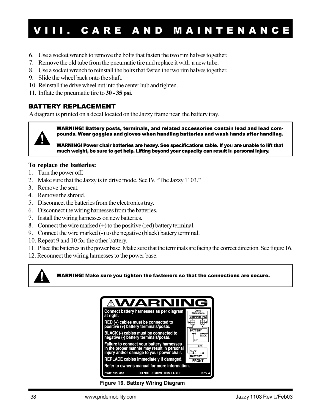 Pride Mobility Jazzy 1103 owner manual Battery Replacement, To replace the batteries 