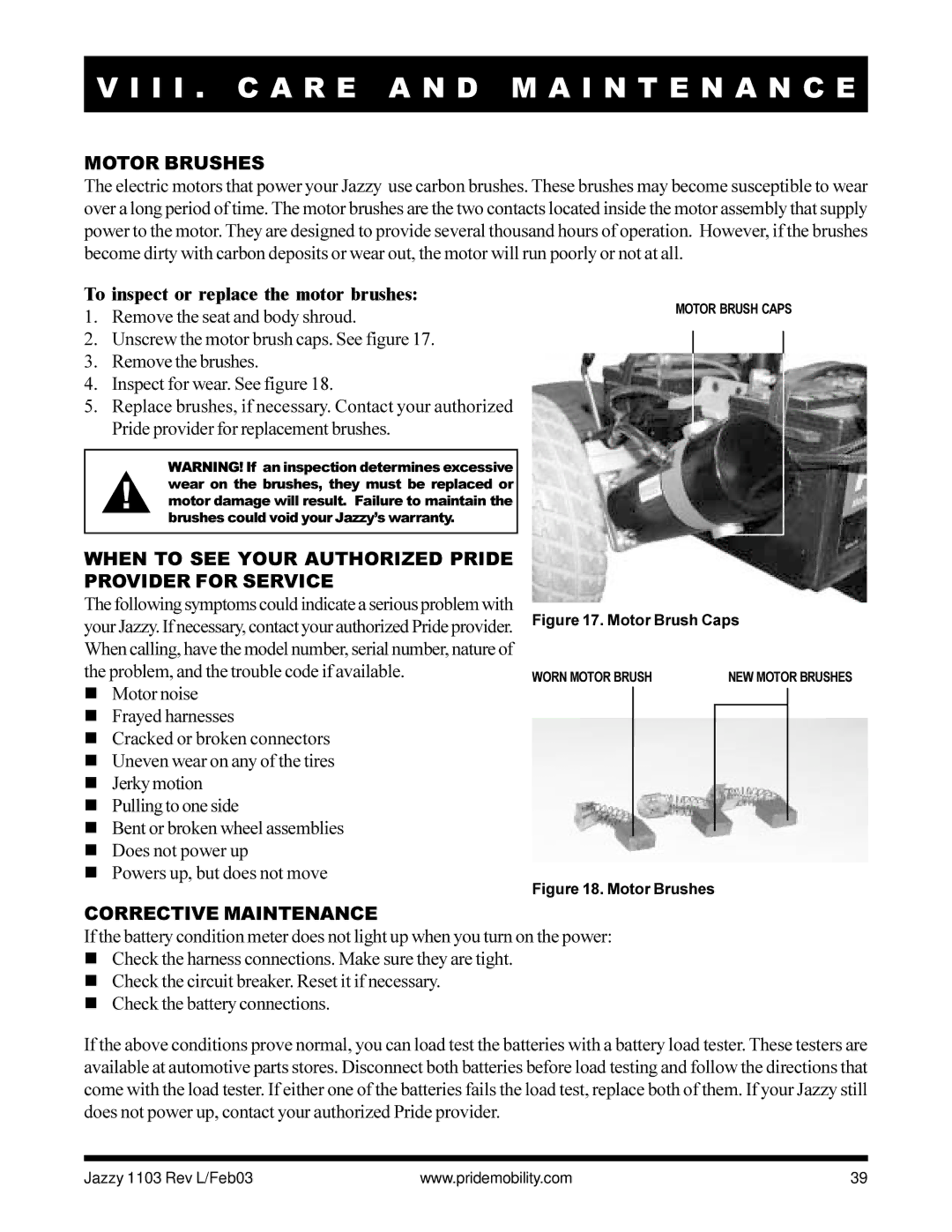 Pride Mobility Jazzy 1103 owner manual Motor Brushes, To inspect or replace the motor brushes, Corrective Maintenance 