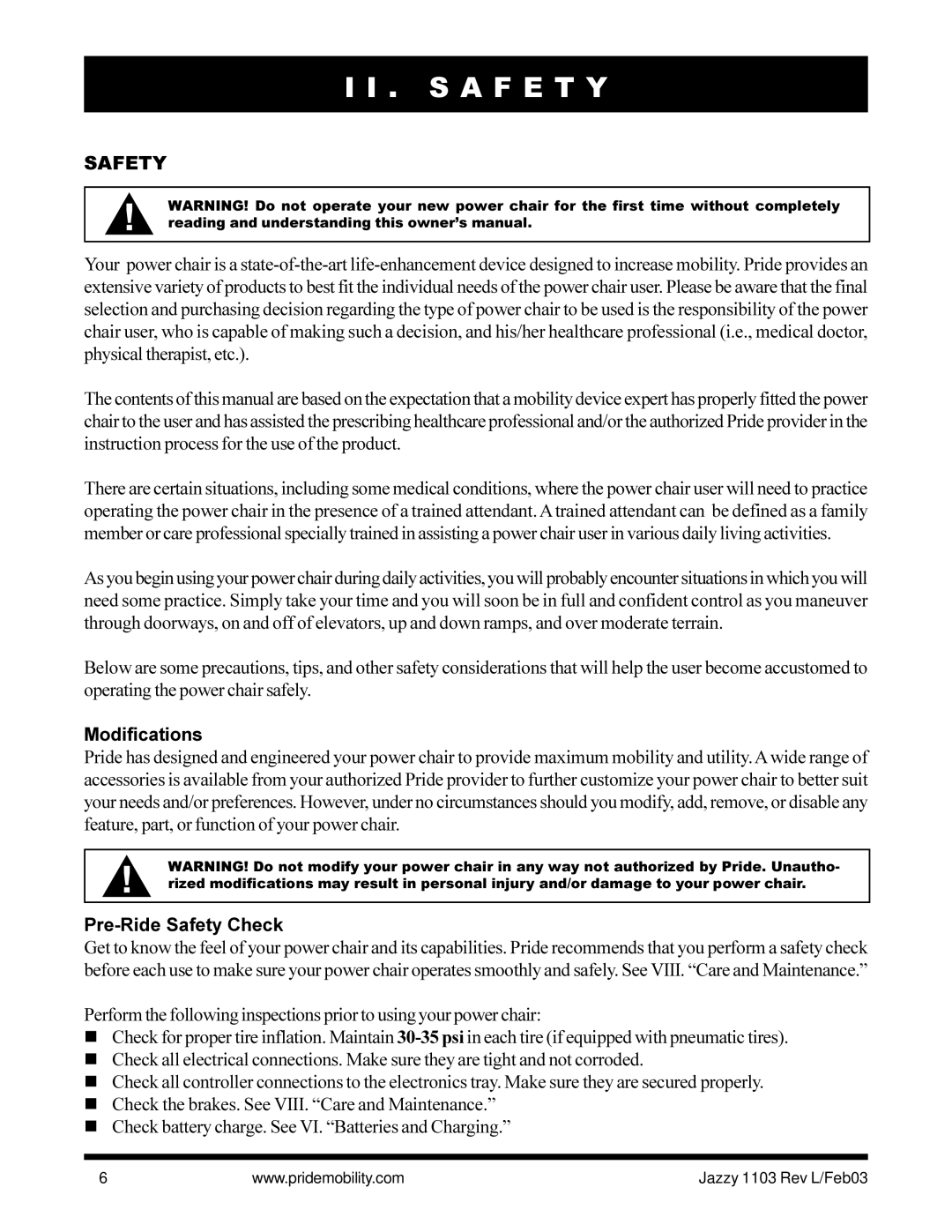 Pride Mobility Jazzy 1103 owner manual S a F E T Y, Modifications, Pre-Ride Safety Check 