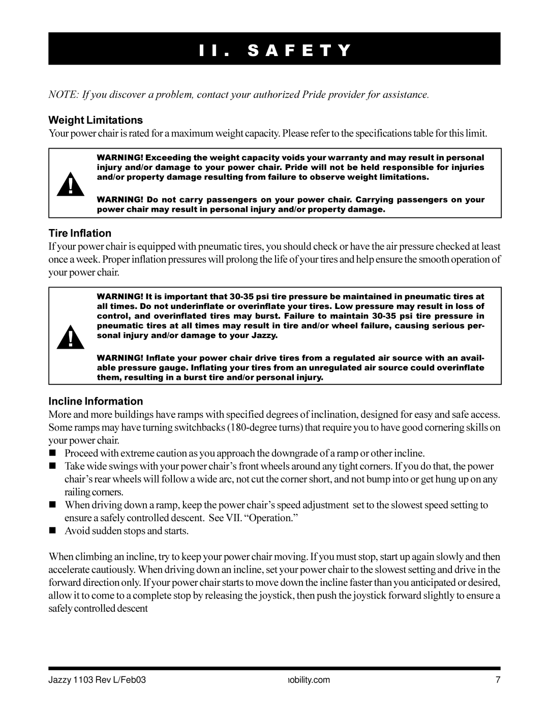 Pride Mobility Jazzy 1103 owner manual Weight Limitations, Tire Inflation, Incline Information 